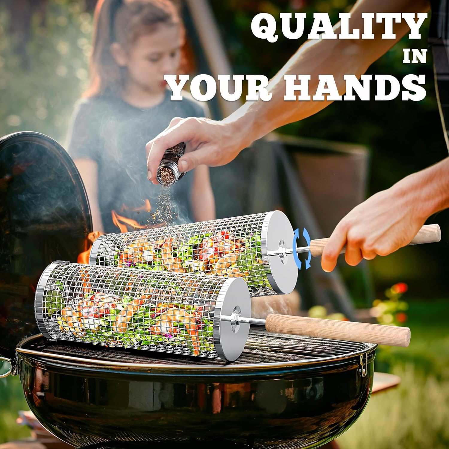 ivtivfu Rolling Grill Basket, Removable Wooden Handle, Nesting BBQ Tools - Image 5
