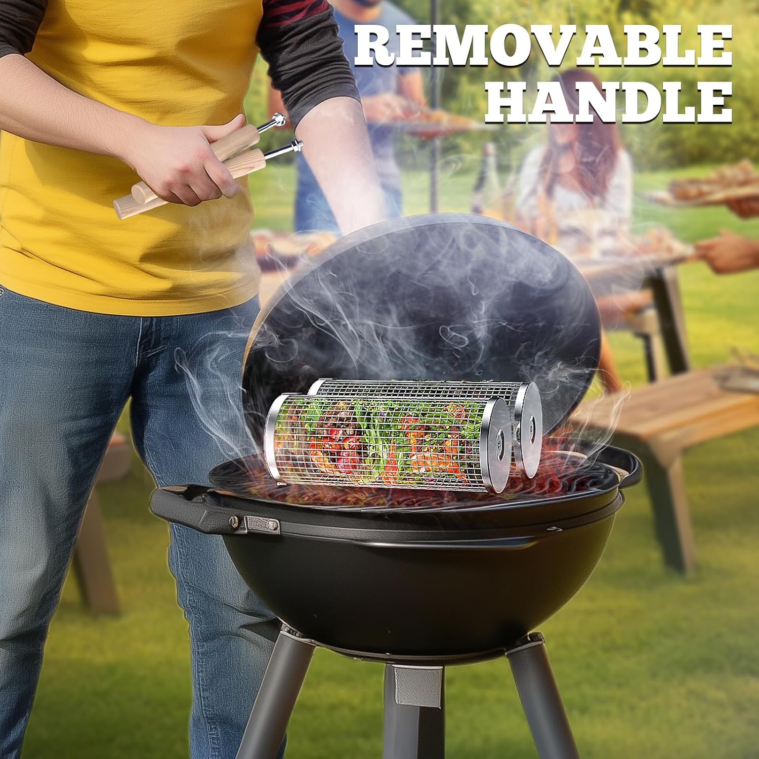 ivtivfu Rolling Grill Basket, Removable Wooden Handle, Nesting BBQ Tools - Image 3