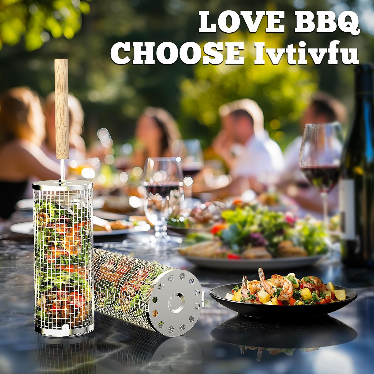 ivtivfu Rolling Grill Basket, Removable Wooden Handle, Nesting BBQ Tools - Image 2